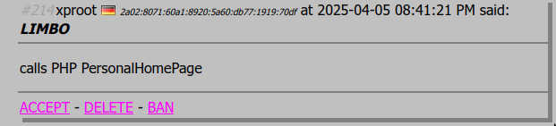 Fake xproot guestbook post saying 'calls PHP - PersonalHomePage'